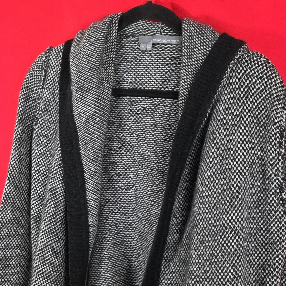 360 CASHMERE Hooded‎ Cardigan Wool Blend Black White Womens Size Medium